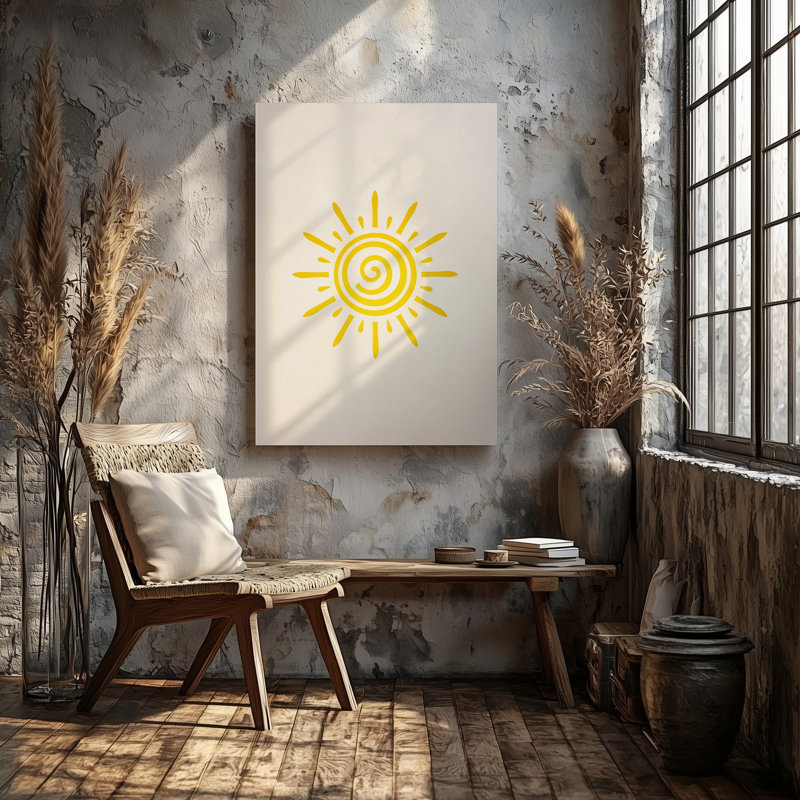 La toile crée un design minimaliste mettant en vedette un art de symbole du soleil jaune vif au centre rayonnant de chaleur et de posibilité