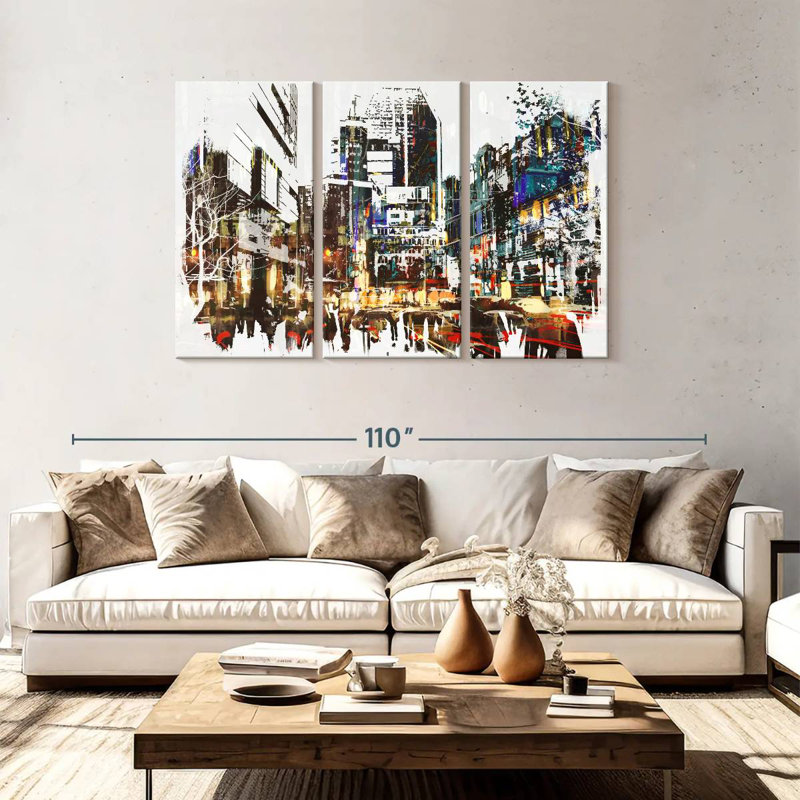Acrylique de paysage urbain abstrait Sireci, H 48 po x l 74 po
