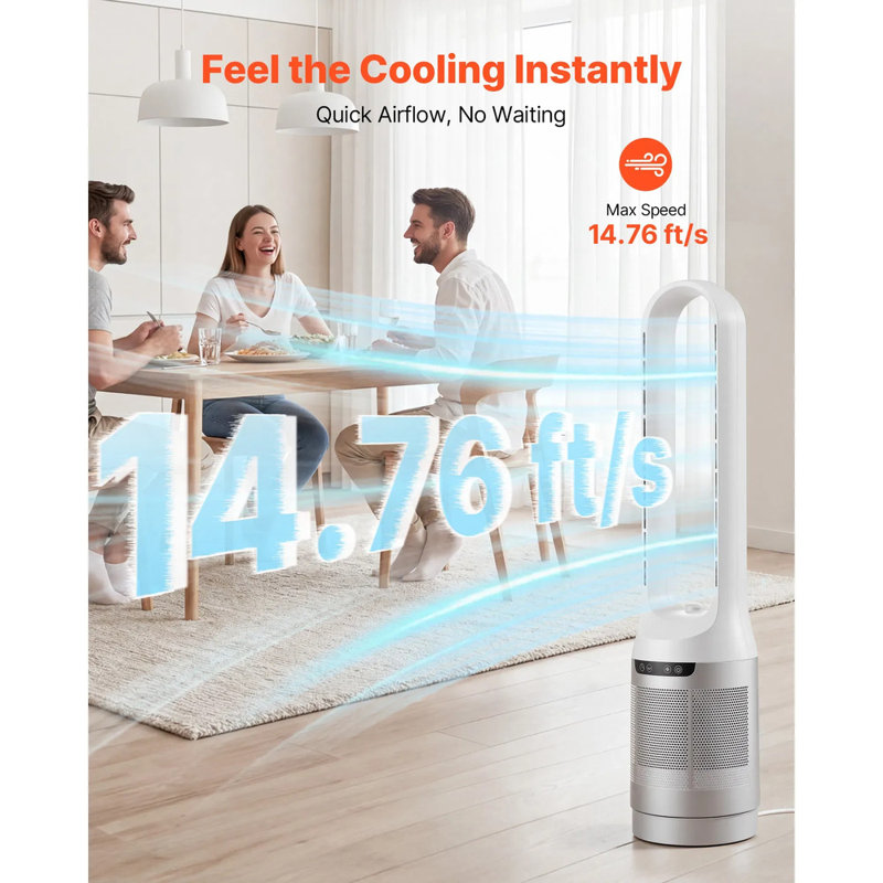 Ventilateur tour sans lame 40 "H, 65 ° oscillant avec 12 vitesses et 4 modes et minuterie 8h, circulateur d'air haute vitesse 14,76 pi / s pour le bureau de la chambre à coucher, blanc