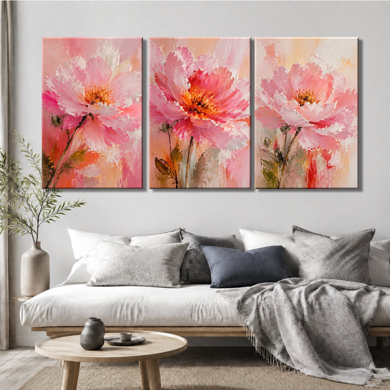 Impression sur toile à 3 panneaux à texture épaisse pivoine rose, 24 * 36 pouces * 3