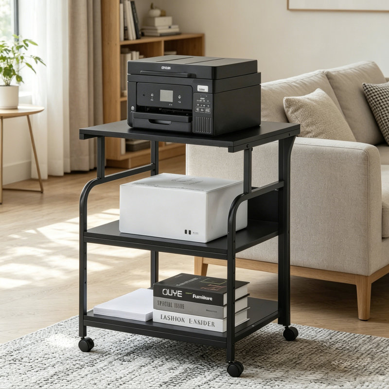 Support d'imprimante à 3 niveaux avec tablette réglable, prise de courant et port USB, chariot d'imprimante sur roulettes, grande table d'imprimante avec rangement pour bureau personnel