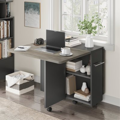 Expandable Folding Dining Desk with Double Built-In Storage Shelves, Multi-Purpose Portable Foldable Table, Space Efficient Compact Furniture for Kitchen, Dining Area, Home Office & Small Living Space