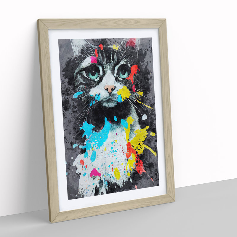 Catt Paint Splash No.4 - Wall Art, 66cm H x 48cm W x 2cm D, Oak Framed, White