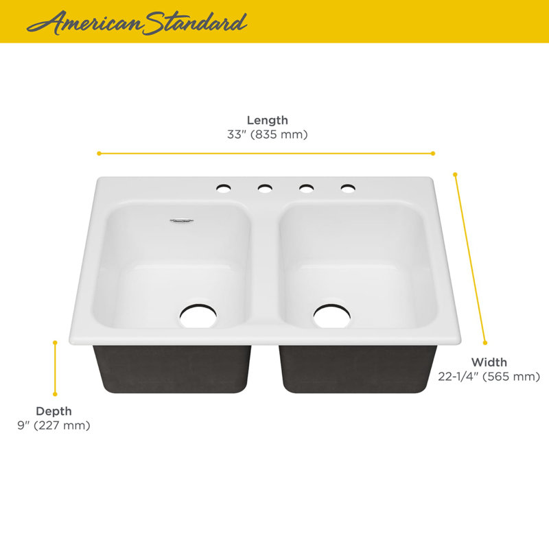 Quince 32.88'' L Double Bowl Cast Iron Kitchen Sink, 4 Hole