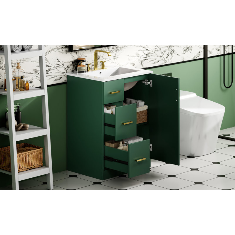 Meuble-lavabo de 24 pouces avec lavabo, 2 tiroirs et porte à fermeture en douceur: style minimaliste et élégant pour les petites salles de bain