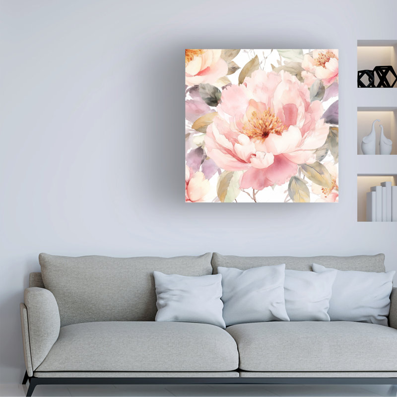 Peinture florale de pivoines sur toile, H 14 po x l 14 po x P 2 po