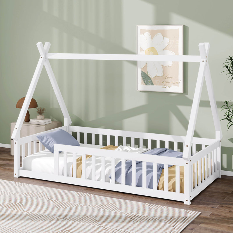 Lit simple pour enfants, lit en forme de tente, lit Montessori avec lattes et rails de clôture, structure de lit en bois