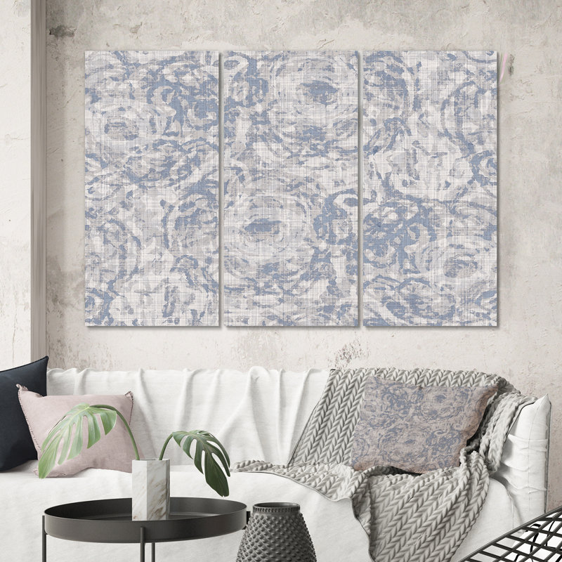 Motif floral rétro sur fond bleu campagne moderne - Farmhouse Flower IV, H 40 po x l 60 po x P 1 po