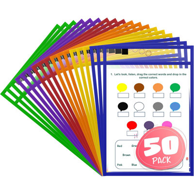 Scribbledo Dry Erase Pockets Reusable Dry Erase Sleeves With Marker Holder Colorful Dry Erase Pocket Sleeves For School Classroom Or Work Ticket Holders Assorted Colors 50 Pack