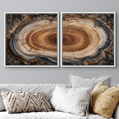 Anneau d'arbre naturel avec ensemble de 2 reproductions d'art sur toile encadrée