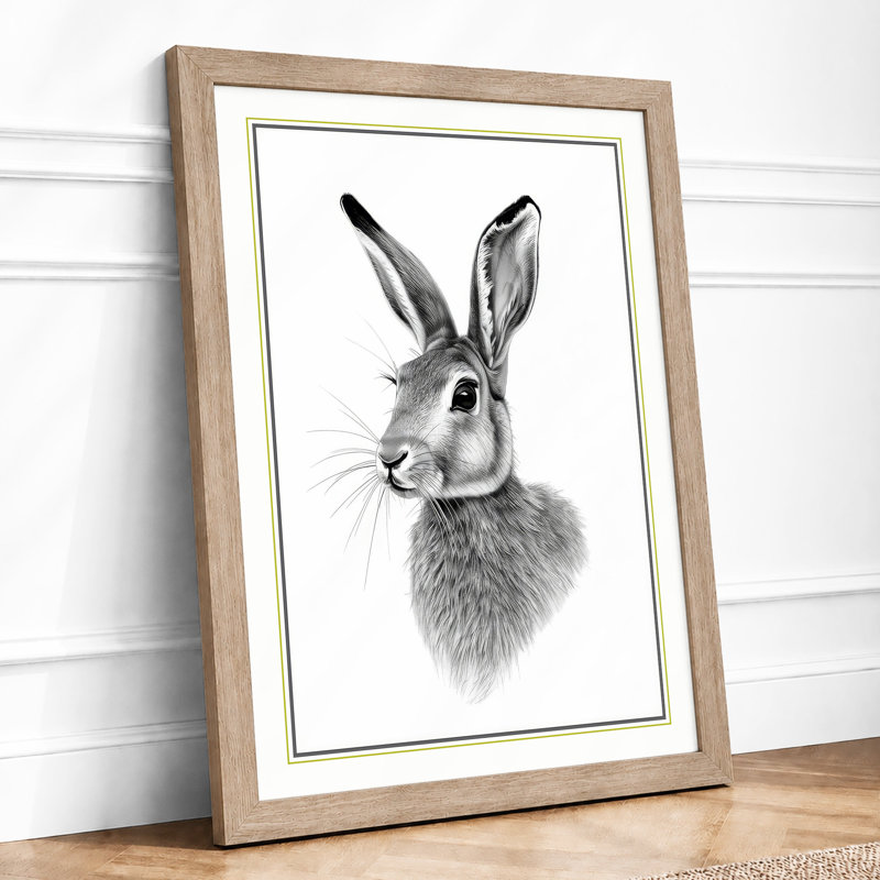Hare Head Study Japandi - Framed Print, A4 - 29.7 x 21.0 cm, Oak