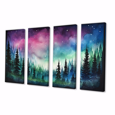 «Mauve Aurora Borealis Mountains I - Landscape Cottage Mountains Winter», 4 pièces