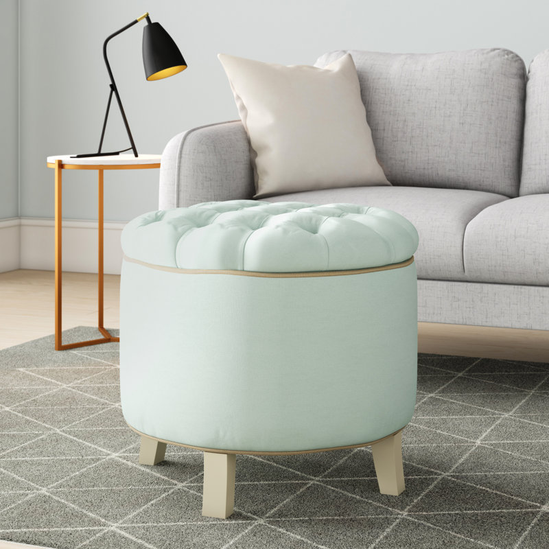 Alethea Velvet Tufted Round Solid Colour Ottoman with Storage, Blue Linen
