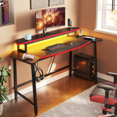 Haigh 63 W Led Gaming Desk with Monitor Stand and Cup Holder, Black Computer Desk with Headphone Hook
