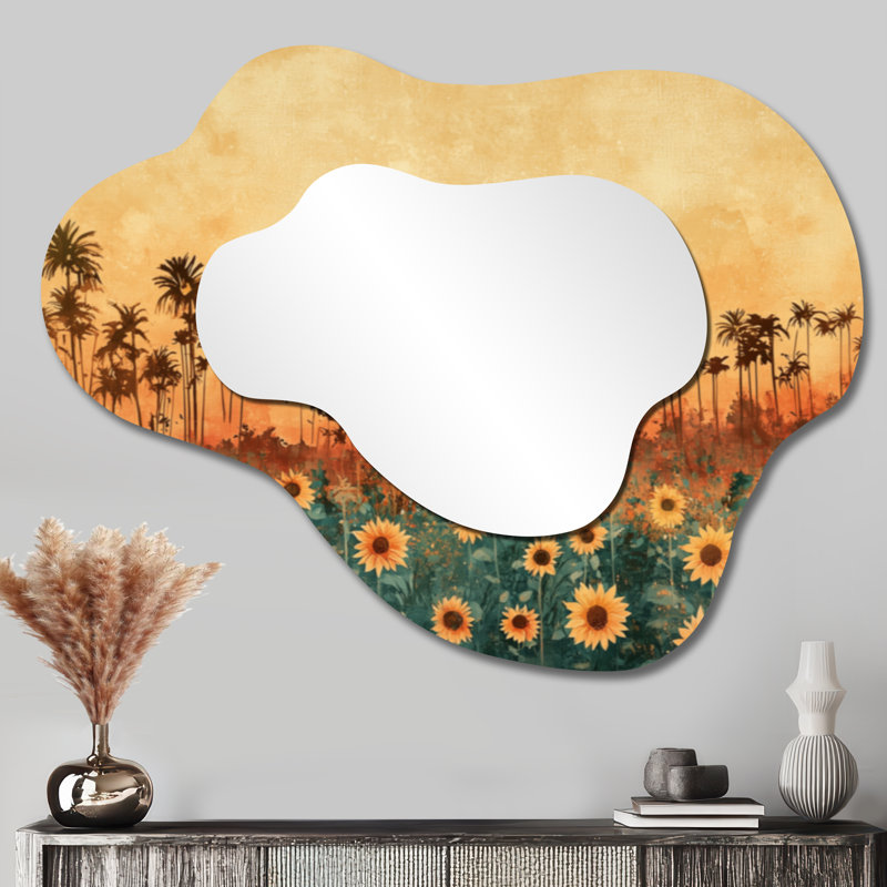 Sunflowers Brown Harvest Glow I - Sunflowers Asymmetrical Wall Mirror, Traditional Vanity Mirror, Printed on Metal, 27" x 35"