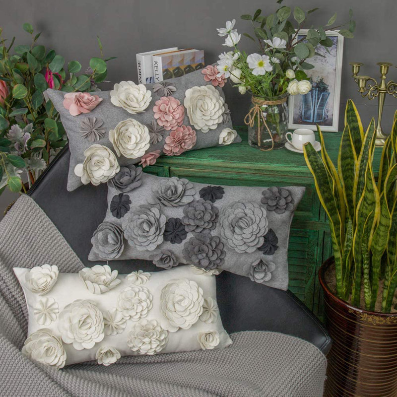 3D Floral Throw Pillow Cover Handmade Flower Pillow Case Decorative Cushion Cover Home Décor 12 x 20, Gray/Pink