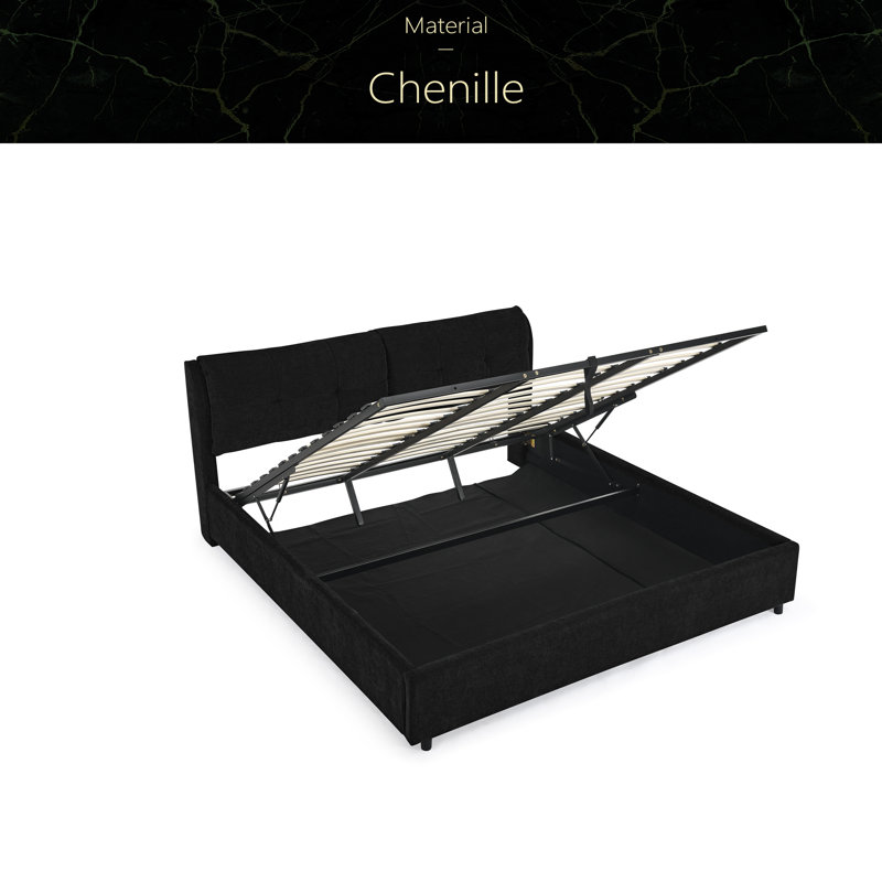 Très grand lit plateforme tapissier hydraulique avec tête de lit intégrée et tissu chenille, Noir