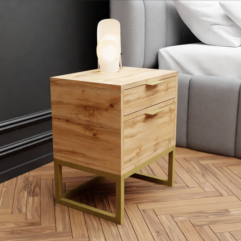 Mekenna 40cm W Metal Bedside Table, Wotan Oak/Gold