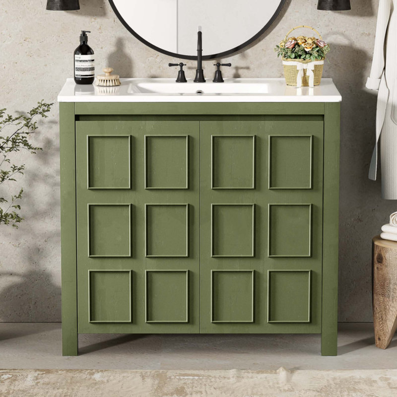 Organisateur de meuble-lavabo 36 "avec lavabo en céramique, Vert olive