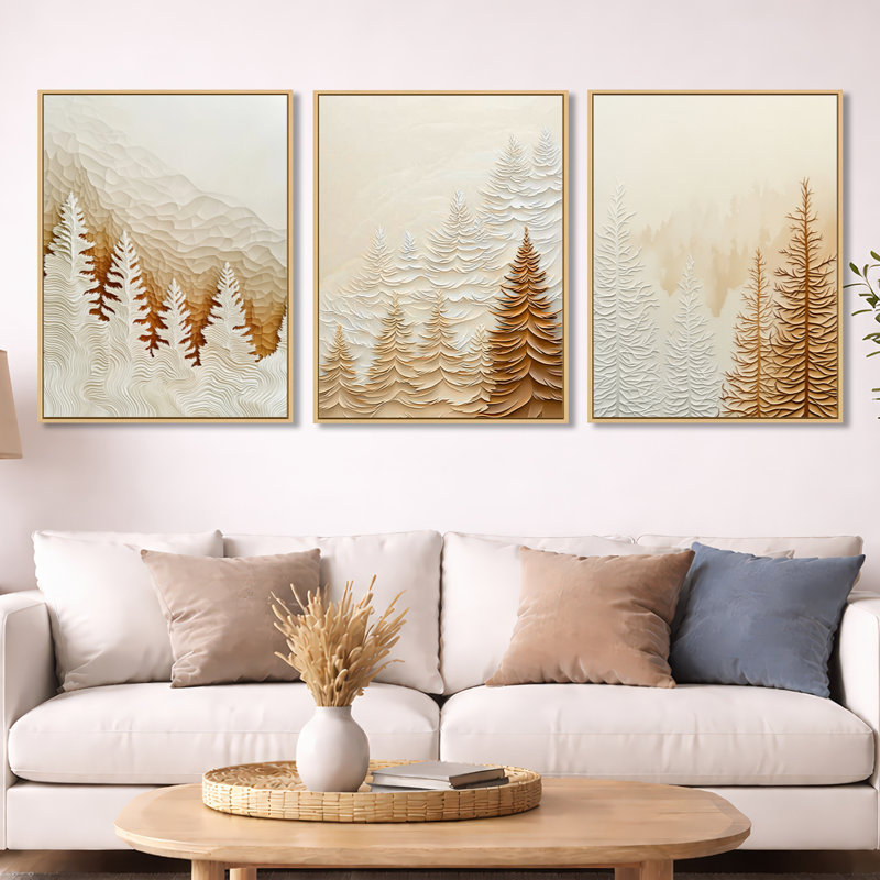 Mist Over the Pines Autumn Forest - White Landscape, art mural 3 pièces, H 32 po x l 72 po, Cadre flottant en bois naturel