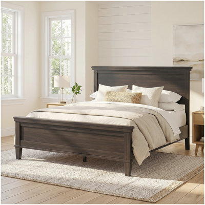 Lit plateforme en bois de style Mid-Century, cadre de lit de style campagnard avec tête de lit et support à lattes de bois, aucun sommier nécessaire, grand lit, noir anthracite