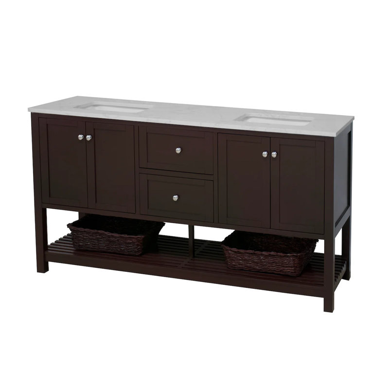 Binne 72'' Double Bathroom Vanity with Top, Engineered Carrara, Chocolate