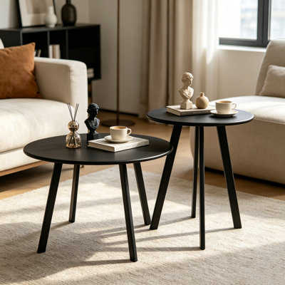 Ensemble de 2 tables d'appoint rondes et d'appoint, ensemble de tables basses gigognes noires avec structure en métal, table d'appoint pour salon, chambre à coucher, balcon, tables de patio, 27,55 po et 15,75 po