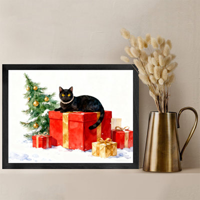 Black Framed Vintage Christmas Guardian, Christmas Cat Wall Art Retro Style Framed Prints