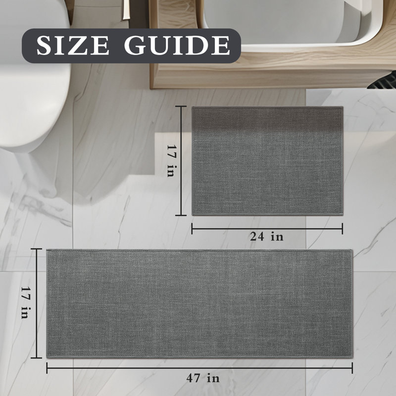 2 Piece Linen-Look Bath Rug Set with Non-Slip Backing, Dark Gray