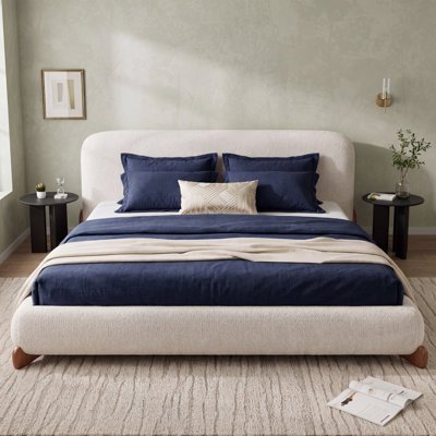Upholstered Platform Bed With Boucle Thick Headboard, Solid Wood Legs