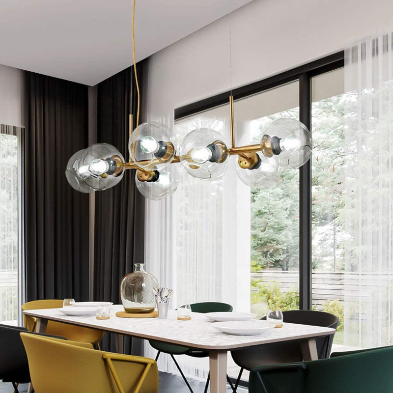 LED pendant light 8-light E27 glass design height-adjustable chandelier Lailah 105cm, Gold