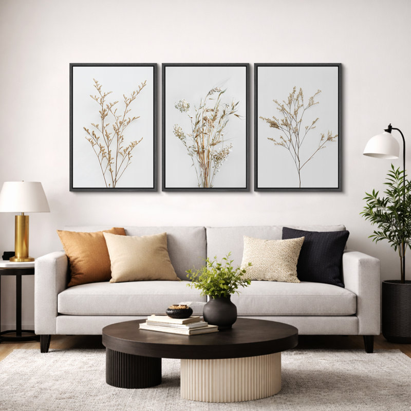 Minimal Botanical «Neutral Wildflowers Floral Art, Simple Organic Modern Wall Images, Large Encadré, Impression Giclée sur Toile, 3 pièces, ensemble de 16 x 24 x 3, 24 x 36 x 3