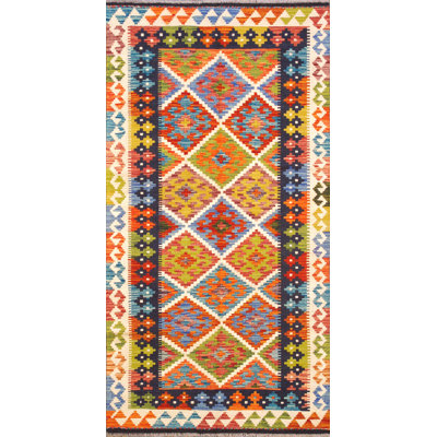 Tapis unique vert / orange / blanc / bleu de 3 pi 5 po x 6 pi 8 po Kilim