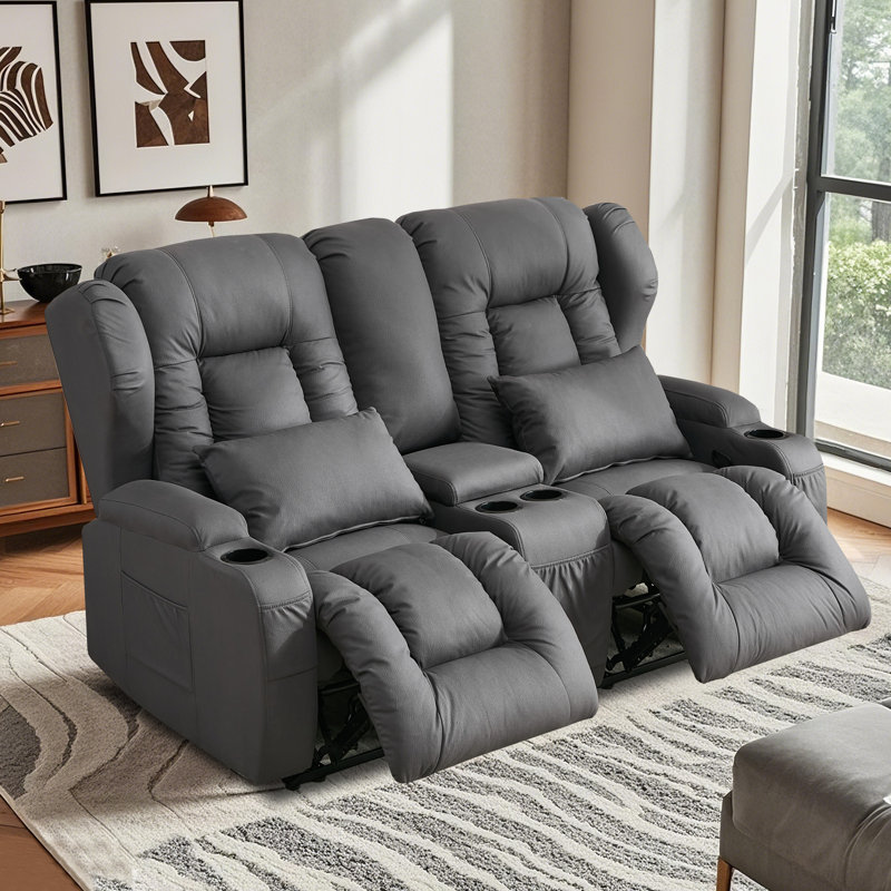 Causeuse manuelle inclinable avec console centrale, rangement et porte-gobelets, Similicuir gris foncé