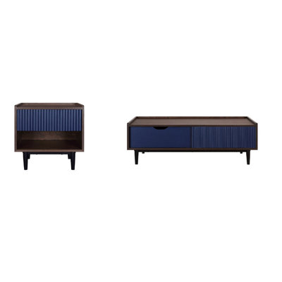 Duane Mid-Century Modern Coffee and End Table Set in Dark Brown and Navy Blue