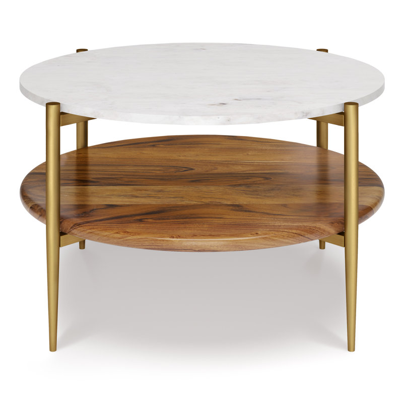 Wagner 30"W Solid Acacia Wood and Marble Mid-Century Modern Round Coffee Table with Gold Metal Base