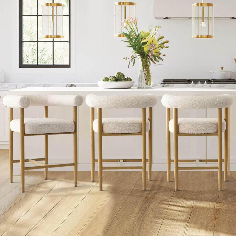 24" Upholstered Boucle Counter Stools With Arms (Set of 3)