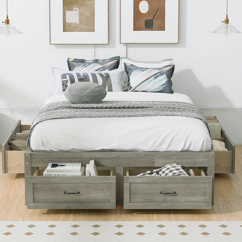 Lit plateforme double avec 6 tiroirs de rangement, gris antique, Lit double, Gris antique