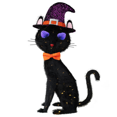 3.5FT Black Cat Halloween Decor, Flashing Eyes Scary Halloween Cat Decor with Witch Hat, Light-Up Black Cat with 125 LED for Outdoor Indoor Yard Porch Lawn Garden