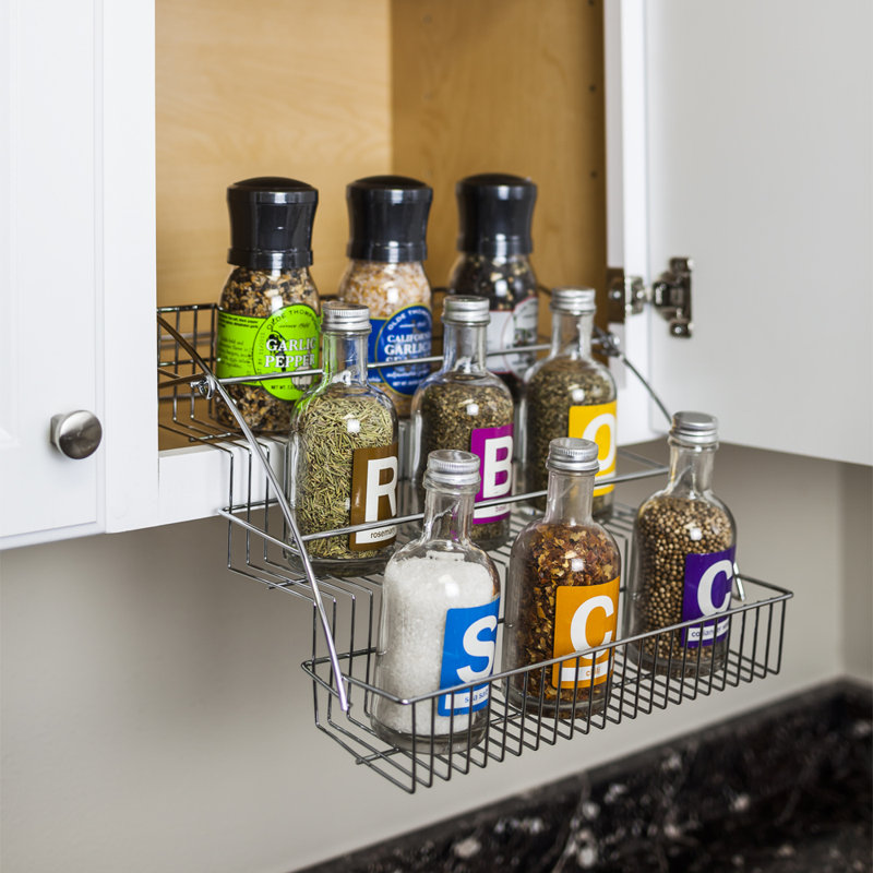 Chrome-Finished Steel 3-Tier Pull Down Spice Rack for 15" Cabinets