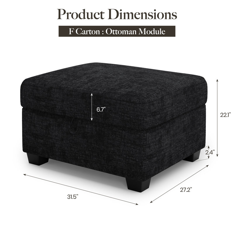 Minimalist Chenille Soft-Upholstered Square Storage Ottoman, Black