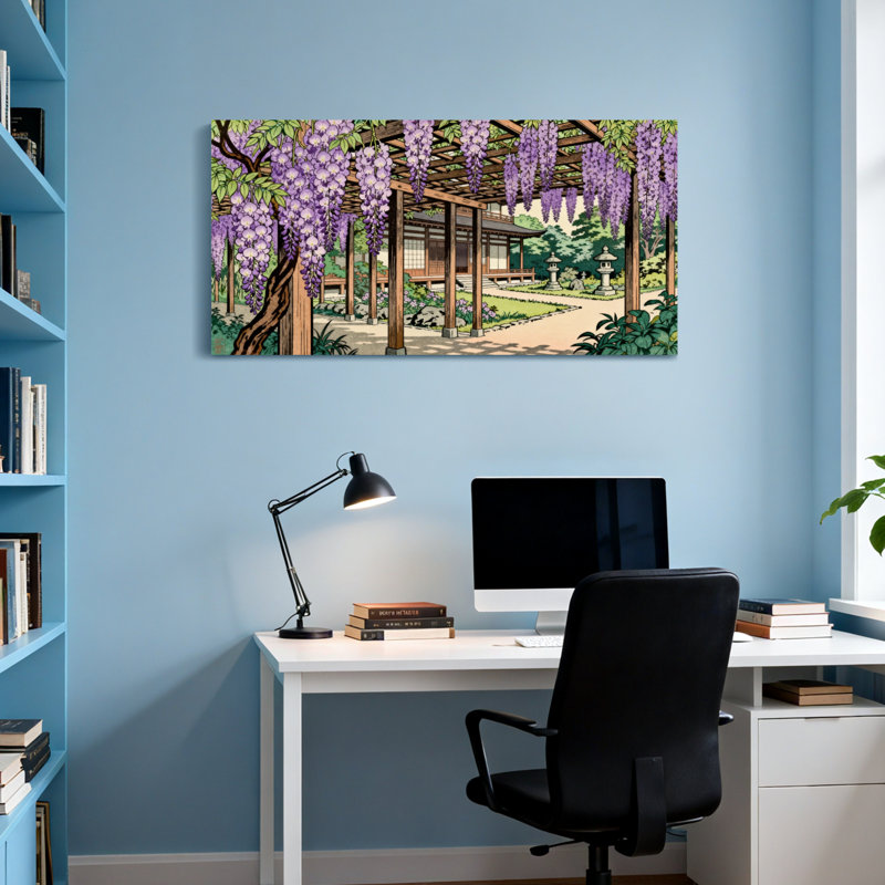Paysage et nature jardin japonais avec glycines et pavillon, H 28 po x l 58 po