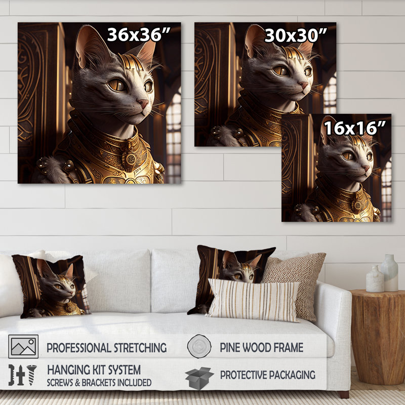 Art mural sur toile, "Chat blanc en armure dorée", L 16 po x H 16 po, Toile tendue