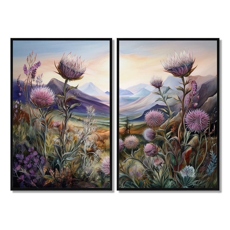 Charme de montagne champ de chardon mauve - chardon floral, art mural, Noir, H 36 po x l 48 po, Impression encadrée flottante