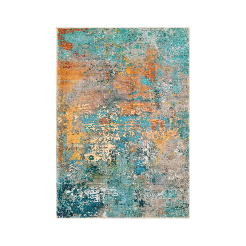 Turquoise Orange Abstract Rug 5' x 7' for Living Room