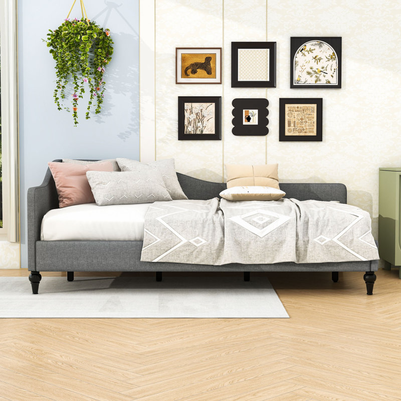 Linen Upholstered L-Shaped Daybed with Semi-Enclosed Design, Gray, Twin