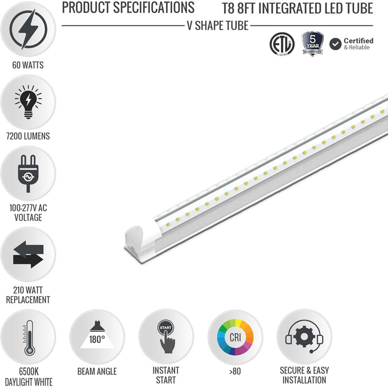 Ensemble de 6 ampoules à DEL T8 de 60 W et 8 V à branchement intégré pour un entrepôt de 6