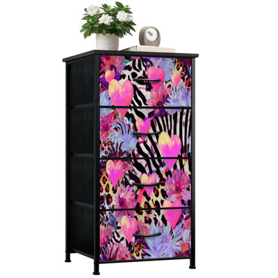 Commode moderne pour la chambre à coucher avec 4 tiroirs de rangement à imprimé léopard abstrait et cœurs roses