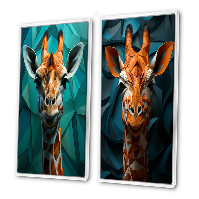 «Green Giraffe Cubist Grace» - ensemble de 2 impressions sur toile girafe, Cadre blanc, H 40 po x l 41 po