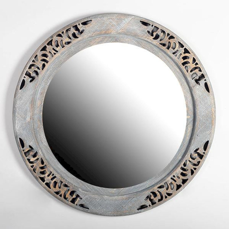 Miroir mural rond à cadre délavé gris